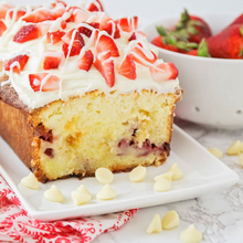 Load image into Gallery viewer, Fresh baked strawberry pound cake with strawberries and white chocolate wax scent
