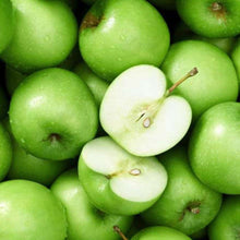 Load image into Gallery viewer, Fresh picked Granny Smith apples with one sliced in half to show crisp interior, green apple wax scent
