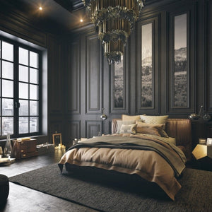 Luxurious masculine bedroom with mahogany teakwood walls and luxury decor wax scent